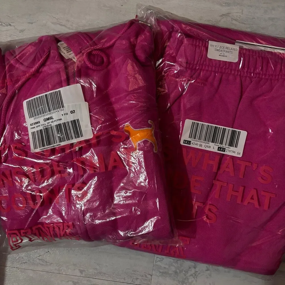 VS PINK Limited Edition Hot Pink & Orange Embroidered Pup Dog Logo Outfit - LG - Picture 8 of 10